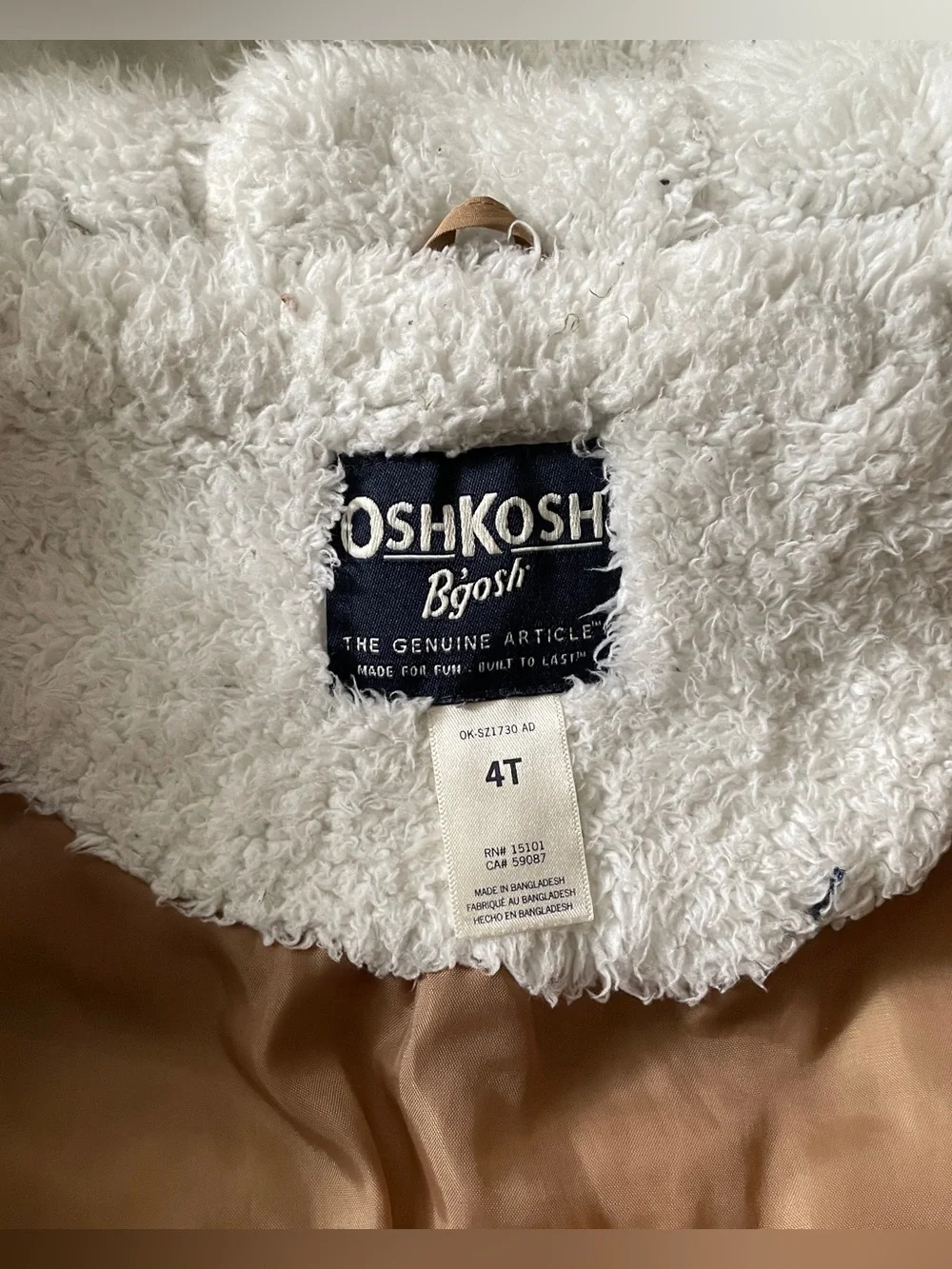 Osh Kosh Bgosh 4T Puffer Winter Jacket with Faux Fur Hood - Tan and Navy